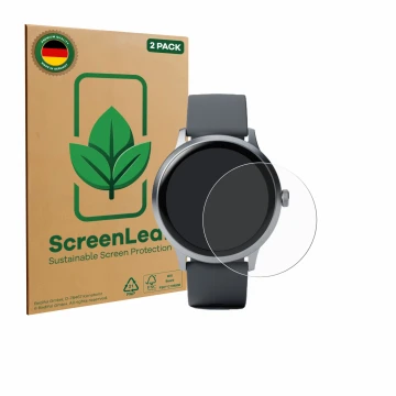 Parte frontale di una confezione del prodotto con il logo del marchio ScreenLeaf. Accanto è raffigurato il dispositivo Pebble 