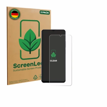 Parte frontale di una confezione del prodotto con il logo del marchio ScreenLeaf. Accanto è raffigurato il dispositivo realme 