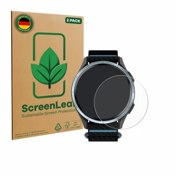Parte frontale di una confezione del prodotto con il logo del marchio ScreenLeaf. Accanto è raffigurato il dispositivo Garmin 