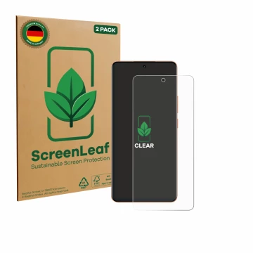 Parte frontale di una confezione del prodotto con il logo del marchio ScreenLeaf. Accanto è raffigurato il dispositivo realme 