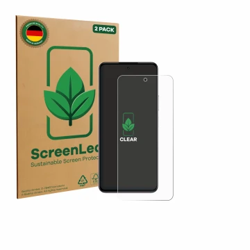 Parte frontale di una confezione del prodotto con il logo del marchio ScreenLeaf. Accanto è raffigurato il dispositivo realme 
