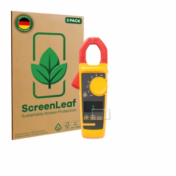 Parte frontale di una confezione del prodotto con il logo del marchio ScreenLeaf. Accanto è raffigurato il dispositivo Fluke 3