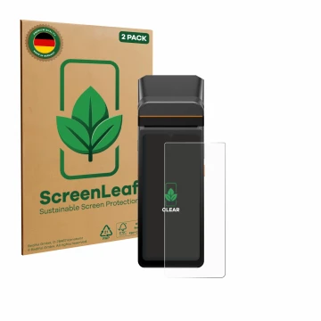 Parte frontale di una confezione del prodotto con il logo del marchio ScreenLeaf. Accanto è raffigurato il dispositivo Sunmi V