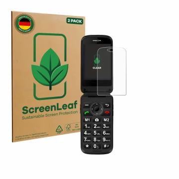 Parte frontale di una confezione del prodotto con il logo del marchio ScreenLeaf. Accanto è raffigurato il dispositivo Simvall