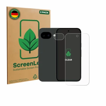 Parte frontale di una confezione del prodotto con il logo del marchio ScreenLeaf. Accanto è raffigurato il dispositivo Google 