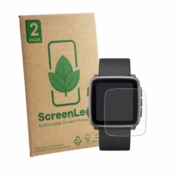 Parte frontale di una confezione del prodotto con il logo del marchio ScreenLeaf. Accanto è raffigurato il dispositivo Pebble 