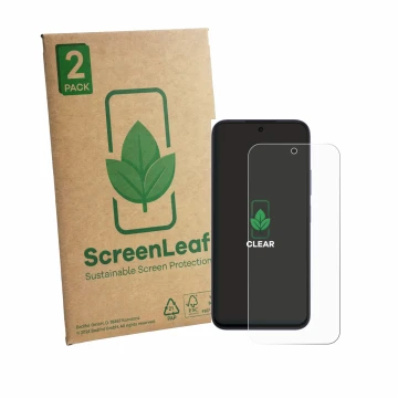 Parte frontale di una confezione del prodotto con il logo del marchio ScreenLeaf. Accanto è raffigurato il dispositivo Oppo A6