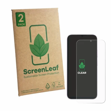 Parte frontale di una confezione del prodotto con il logo del marchio ScreenLeaf. Accanto è raffigurato il dispositivo realme 