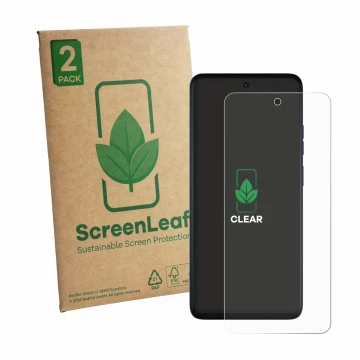 Parte frontale di una confezione del prodotto con il logo del marchio ScreenLeaf. Accanto è raffigurato il dispositivo Motorol