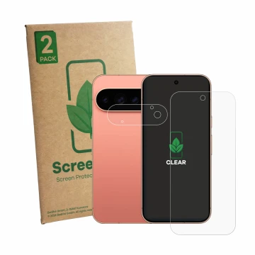 Parte frontale di una confezione del prodotto con il logo del marchio ScreenLeaf. Accanto è raffigurato il dispositivo Google 
