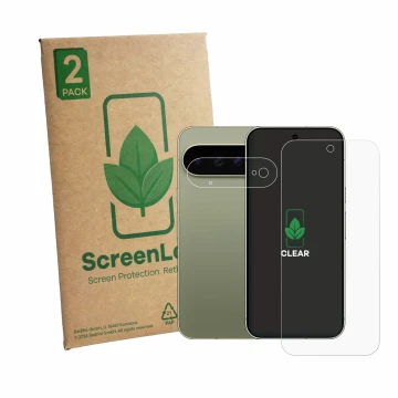 Parte frontale di una confezione del prodotto con il logo del marchio ScreenLeaf. Accanto è raffigurato il dispositivo Google 