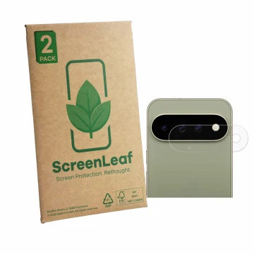 Parte frontale di una confezione del prodotto con il logo del marchio ScreenLeaf. Accanto è raffigurato il dispositivo Google 