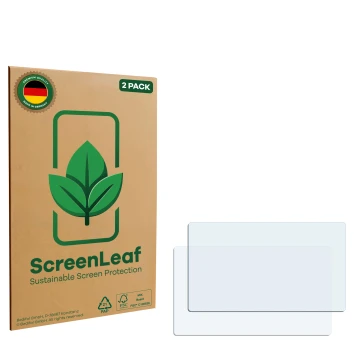 Parte frontale di una confezione del prodotto con il logo del marchio ScreenLeaf. Accanto si trova la protezione per lo scherm