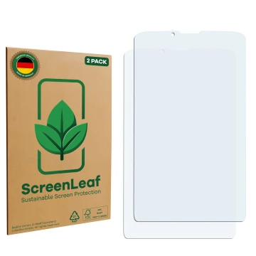 Parte frontale di una confezione del prodotto con il logo del marchio ScreenLeaf. Accanto si trova la protezione per lo scherm