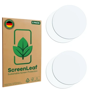 Parte frontale di una confezione del prodotto con il logo del marchio ScreenLeaf. Accanto si trova la protezione per lo scherm