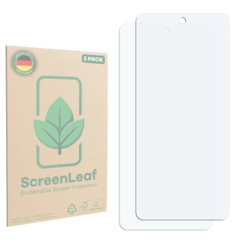 Parte frontale di una confezione del prodotto con il logo del marchio ScreenLeaf. Accanto si trova la protezione per lo scherm