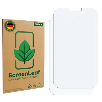 Parte frontale di una confezione del prodotto con il logo del marchio ScreenLeaf. Accanto si trova la protezione per lo scherm
