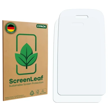 Parte frontale di una confezione del prodotto con il logo del marchio ScreenLeaf. Accanto si trova la protezione per lo scherm