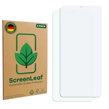 Parte frontale di una confezione del prodotto con il logo del marchio ScreenLeaf. Accanto si trova la protezione per lo scherm