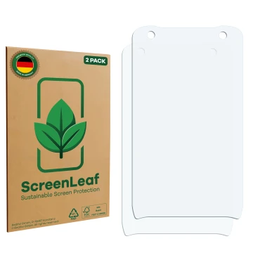 Parte frontale di una confezione del prodotto con il logo del marchio ScreenLeaf. Accanto si trova la protezione per lo scherm