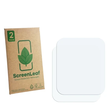 Parte frontale di una confezione del prodotto con il logo del marchio ScreenLeaf. Accanto si trova la protezione per lo scherm