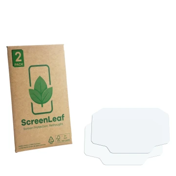 Parte frontale di una confezione del prodotto con il logo del marchio ScreenLeaf. Accanto si trova la protezione per lo scherm