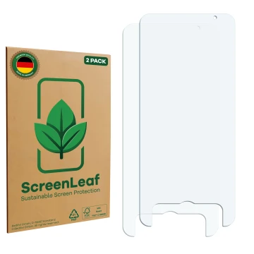 Parte frontale di una confezione del prodotto con il logo del marchio ScreenLeaf. Accanto si trova la protezione per lo scherm
