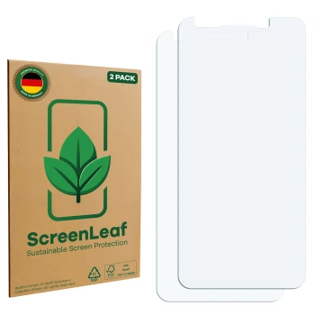Parte frontale di una confezione del prodotto con il logo del marchio ScreenLeaf. Accanto si trova la protezione per lo scherm