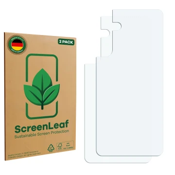 Parte frontale di una confezione del prodotto con il logo del marchio ScreenLeaf. Accanto si trova la protezione per lo scherm