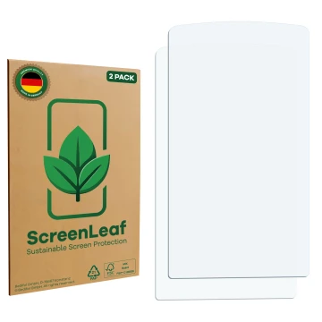 Parte frontale di una confezione del prodotto con il logo del marchio ScreenLeaf. Accanto si trova la protezione per lo scherm