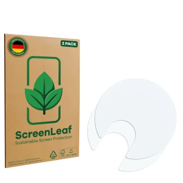 Parte frontale di una confezione del prodotto con il logo del marchio ScreenLeaf. Accanto si trova la protezione per lo scherm