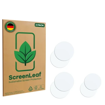 Parte frontale di una confezione del prodotto con il logo del marchio ScreenLeaf. Accanto si trova la protezione per lo scherm