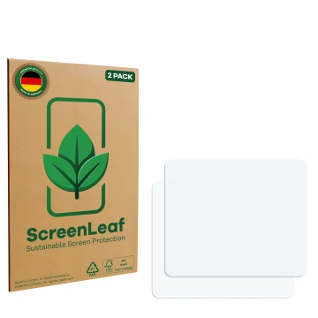 Parte frontale di una confezione del prodotto con il logo del marchio ScreenLeaf. Accanto si trova la protezione per lo scherm