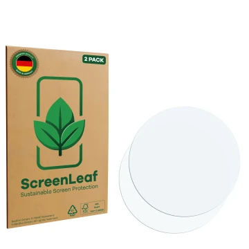 Parte frontale di una confezione del prodotto con il logo del marchio ScreenLeaf. Accanto si trova la protezione per lo scherm