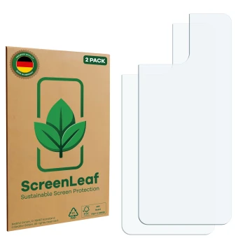 Parte frontale di una confezione del prodotto con il logo del marchio ScreenLeaf. Accanto si trova la protezione per lo scherm