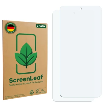Parte frontale di una confezione del prodotto con il logo del marchio ScreenLeaf. Accanto si trova la protezione per lo scherm