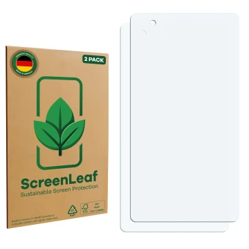Parte frontale di una confezione del prodotto con il logo del marchio ScreenLeaf. Accanto si trova la protezione per lo scherm
