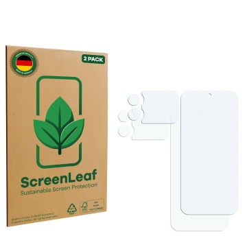 Parte frontale di una confezione del prodotto con il logo del marchio ScreenLeaf. Accanto si trova la protezione per lo scherm