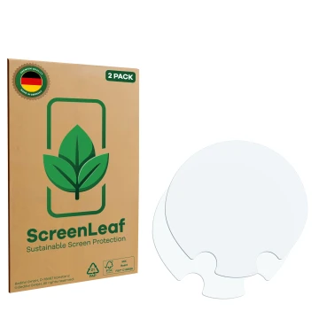 Parte frontale di una confezione del prodotto con il logo del marchio ScreenLeaf. Accanto si trova la protezione per lo scherm