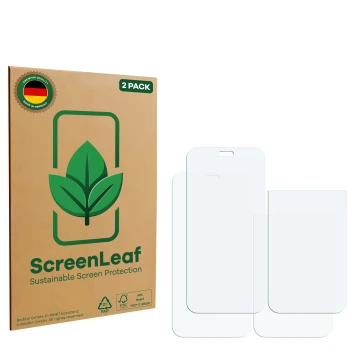 Parte frontale di una confezione del prodotto con il logo del marchio ScreenLeaf. Accanto si trova la protezione per lo scherm