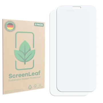 Parte frontale di una confezione del prodotto con il logo del marchio ScreenLeaf. Accanto si trova la protezione per lo scherm