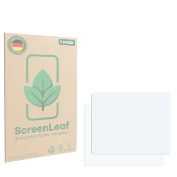Parte frontale di una confezione del prodotto con il logo del marchio ScreenLeaf. Accanto si trova la protezione per lo scherm