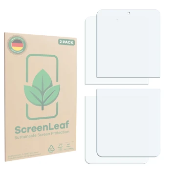 Parte frontale di una confezione del prodotto con il logo del marchio ScreenLeaf. Accanto si trova la protezione per lo scherm