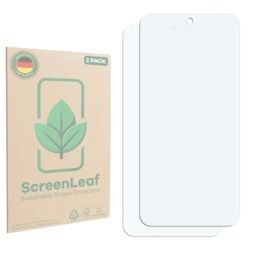 Parte frontale di una confezione del prodotto con il logo del marchio ScreenLeaf. Accanto si trova la protezione per lo scherm