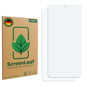Parte frontale di una confezione del prodotto con il logo del marchio ScreenLeaf. Accanto si trova la protezione per lo scherm