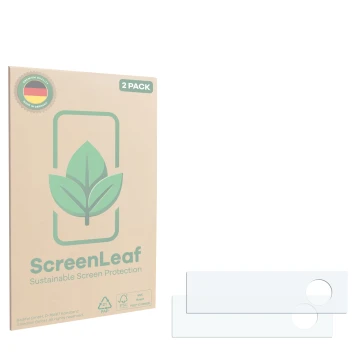 Parte frontale di una confezione del prodotto con il logo del marchio ScreenLeaf. Accanto si trova la protezione per lo scherm