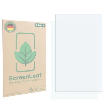 Parte frontale di una confezione del prodotto con il logo del marchio ScreenLeaf. Accanto si trova la protezione per lo scherm