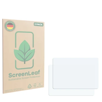 Parte frontale di una confezione del prodotto con il logo del marchio ScreenLeaf. Accanto si trova la protezione per lo scherm