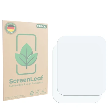 Parte frontale di una confezione del prodotto con il logo del marchio ScreenLeaf. Accanto si trova la protezione per lo scherm