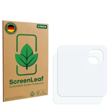 Parte frontale di una confezione del prodotto con il logo del marchio ScreenLeaf. Accanto si trova la protezione per lo scherm